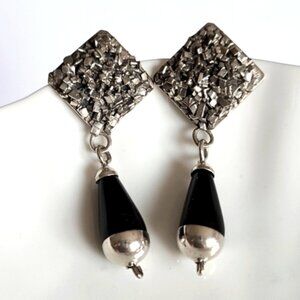 Vintage Taxco Sterling Silver Western Chunky Black Onyx Drop Dangle Earrings